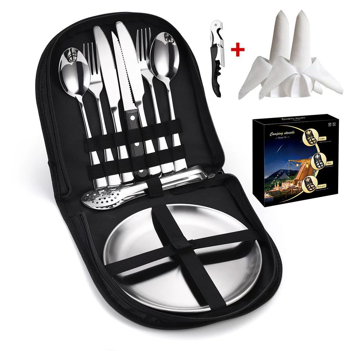 Elegant 4-Person Golden Stainless Steel Camping Cutlery Set