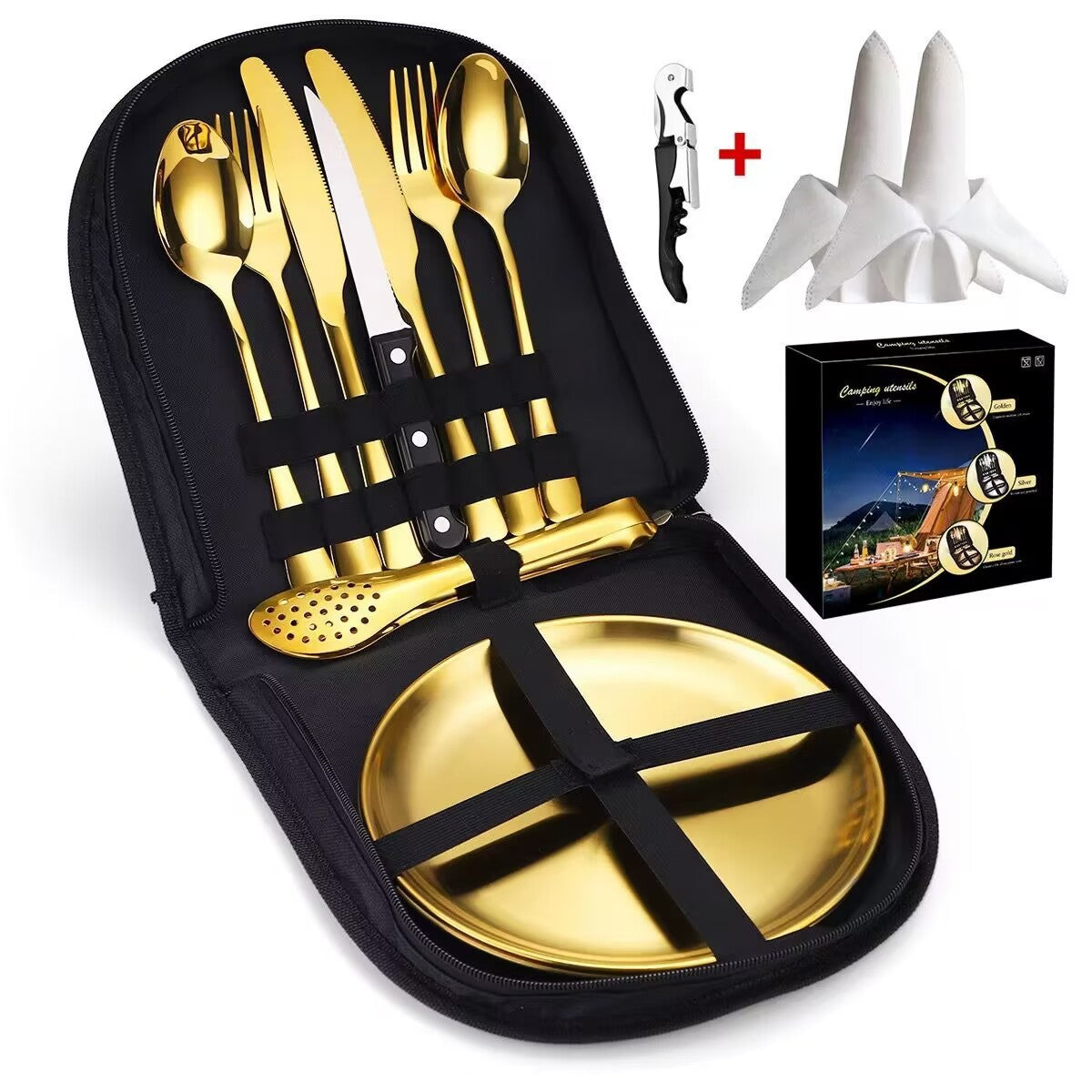 Elegant 4-Person Golden Stainless Steel Camping Cutlery Set