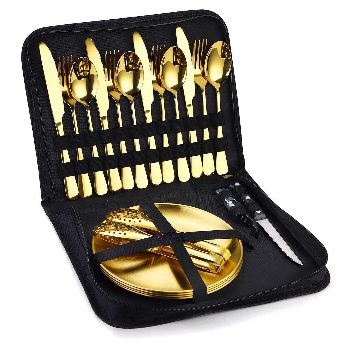 Elegant 4-Person Golden Stainless Steel Camping Cutlery Set