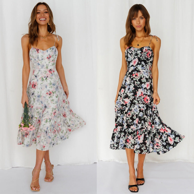 Elegant Green Print Midi Dress – Sophisticated Suspender Style