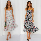 Elegant Green Print Midi Dress – Sophisticated Suspender Style