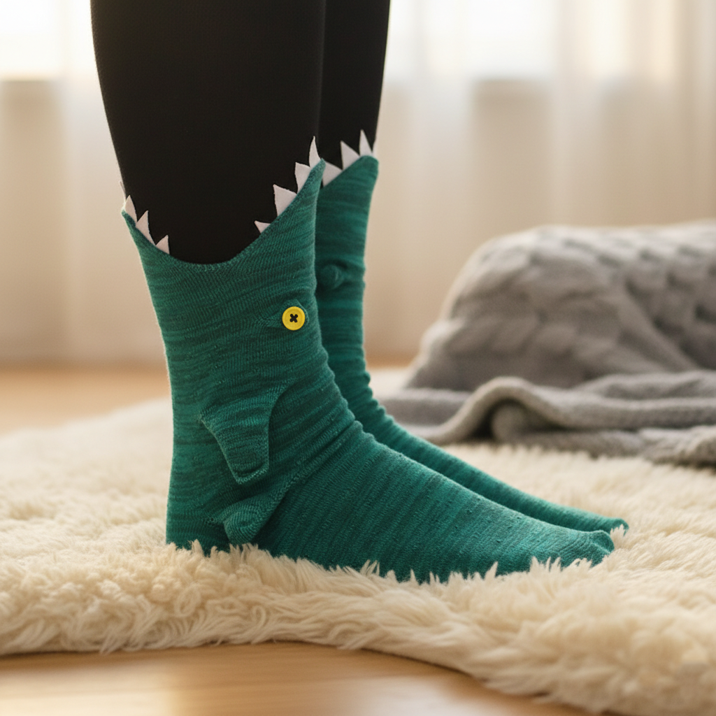 3D Knit Shark Attack Socks – Super Soft & Unique Winter Floor Socks "BEWARE OF THE SHARK BITE!"